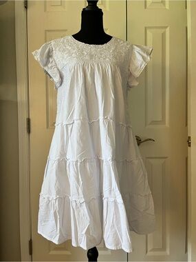 J.Marie White Embroidered Tiered Cotton Dress | Sz S EUC